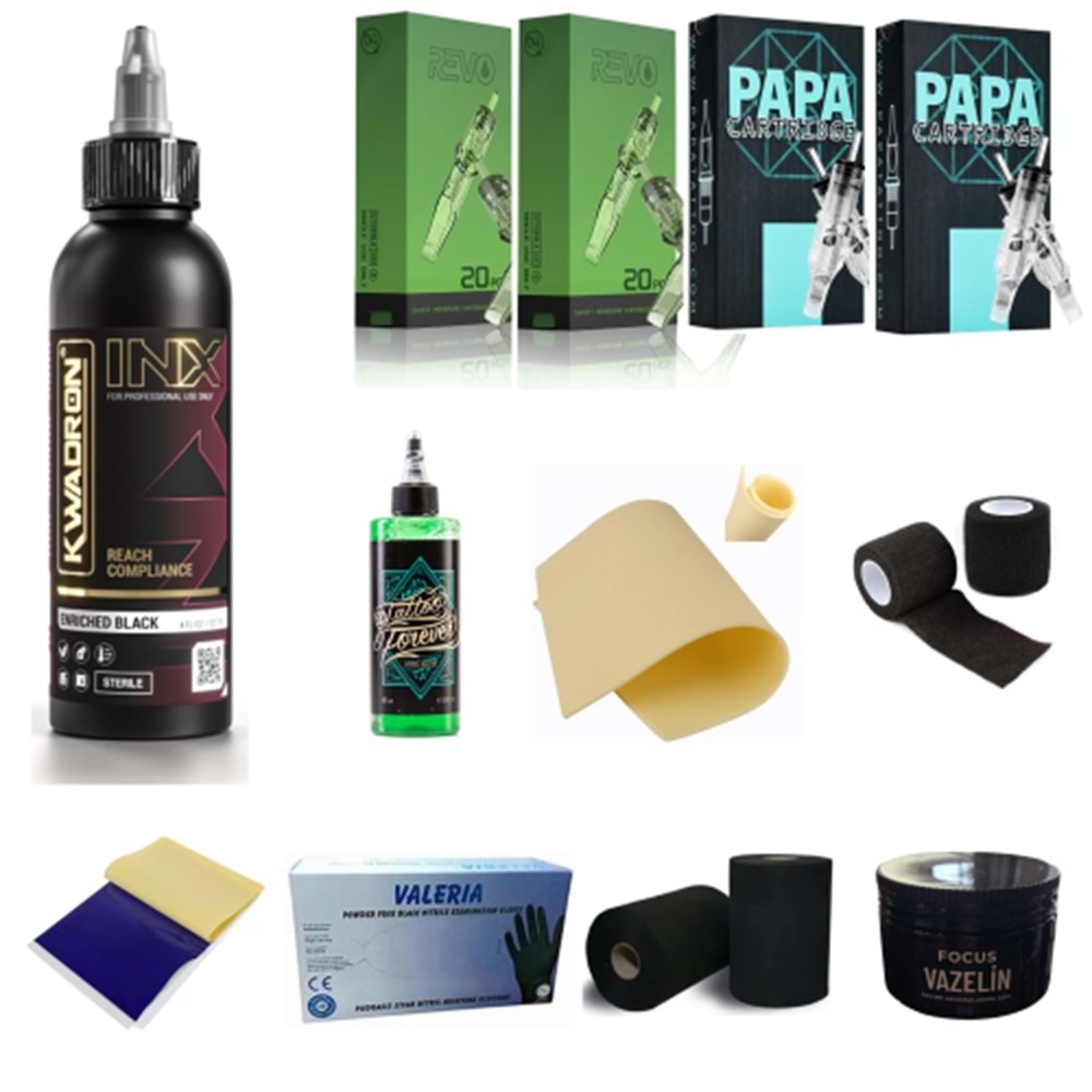 STARTER KİT - DÖVME SETİ İĞNE/BOYA/SARF MALZEMELER/SUNİ DERİ